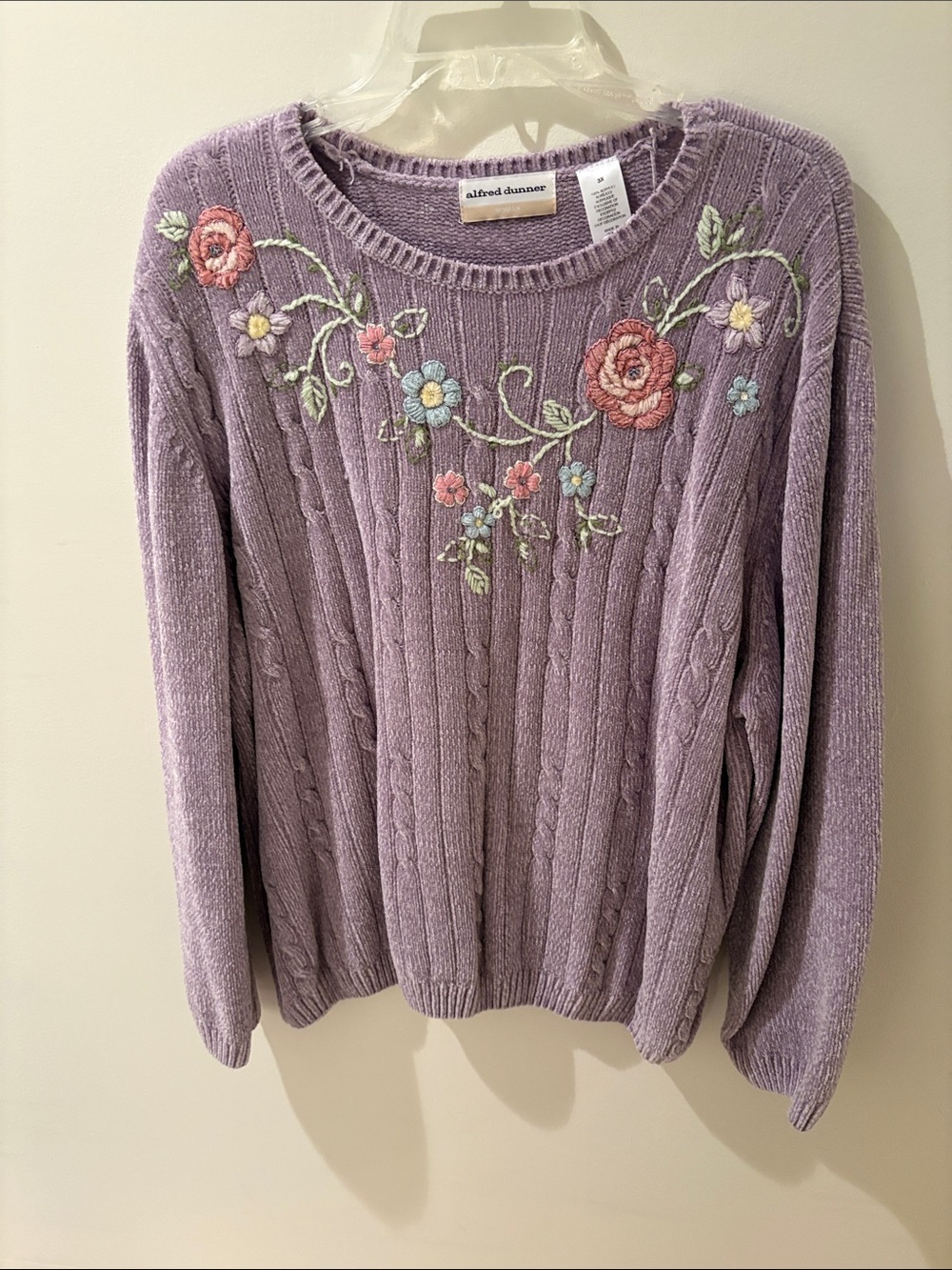 Alfred Dunner Lavender Cable-Knit Sweater with Floral Embroidery